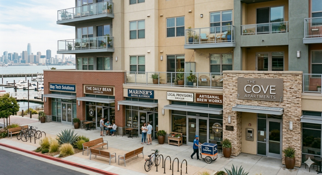 A vibrant, wide-angle view of a modern multi-story mixed-use building on a North Bay waterfront.
